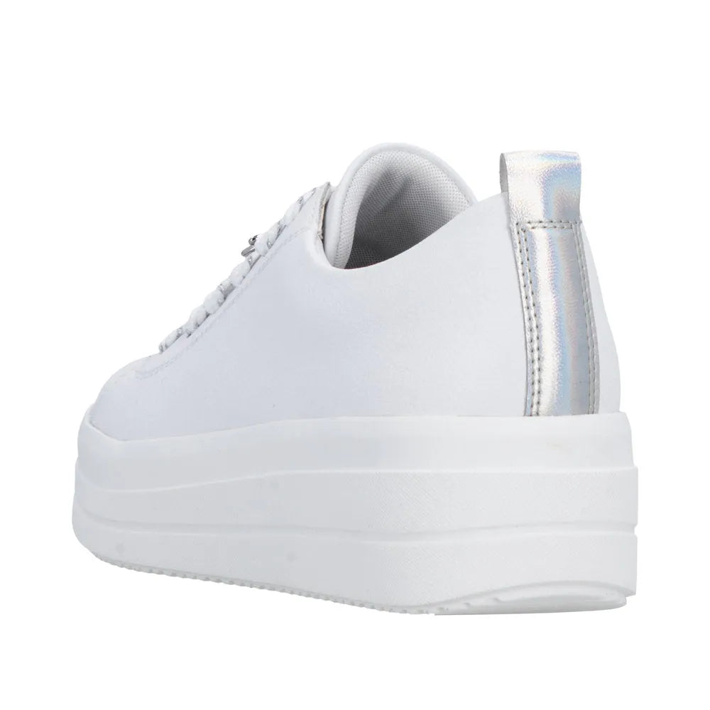 Remonte D1C03-82 women's white leather lace-up shoes with a chunky platform sole and holographic heel accent.
