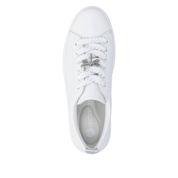 White leather lace-up shoes for women with a decorative metallic bow on the laces, rounded toe, and cushioned interior.