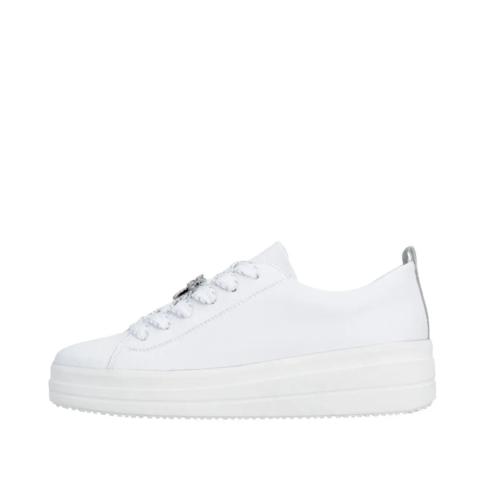 White leather lace-up sneaker with thick sole, minimal design, and silver eyelets.