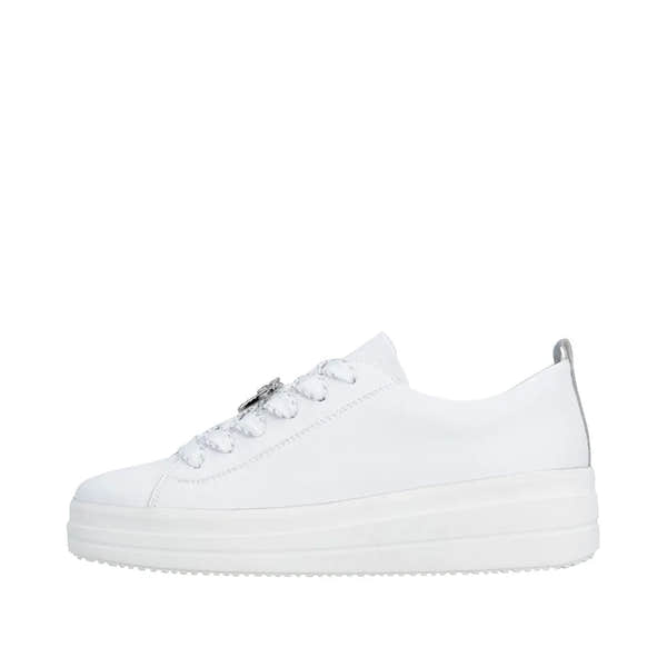 White leather lace-up sneaker with thick sole, minimal design, and silver eyelets.