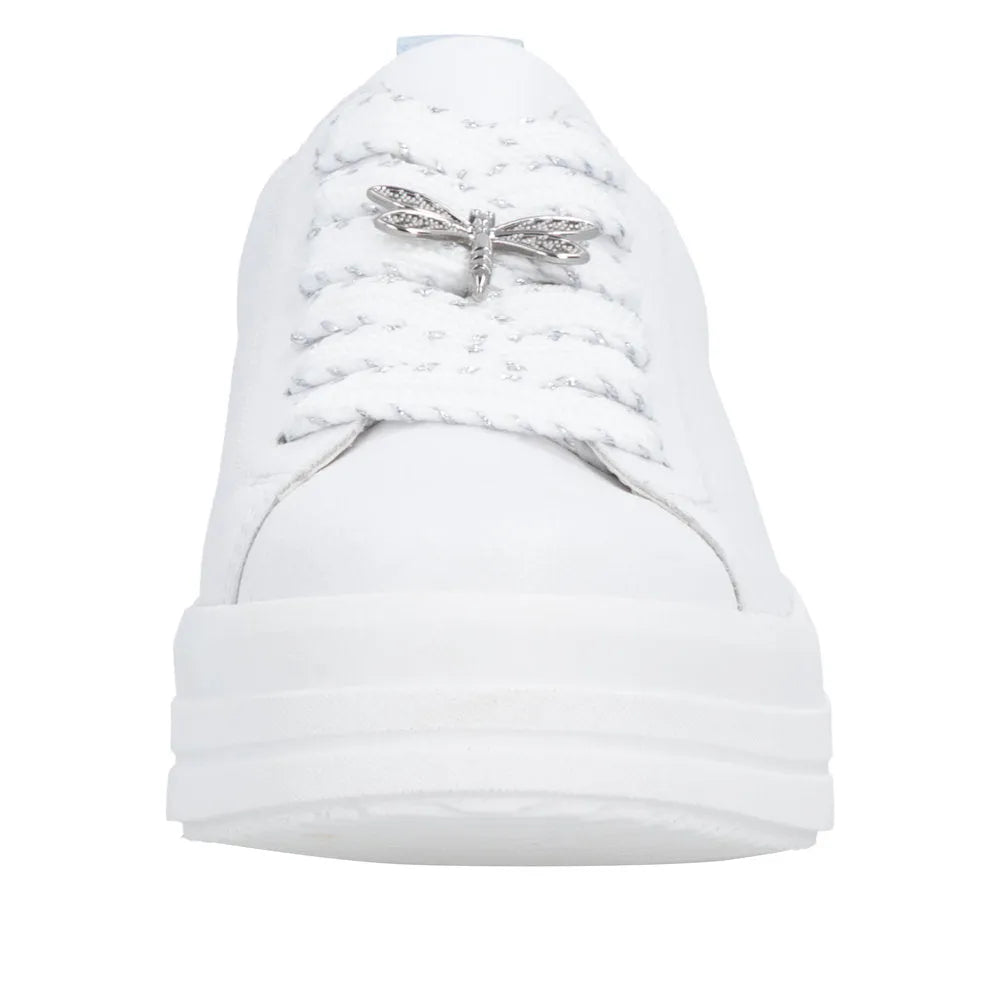 White leather lace-up shoes with thick platform sole and metallic dragonfly embellishment on laces.