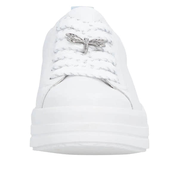 White leather lace-up shoes with thick platform sole and metallic dragonfly embellishment on laces.
