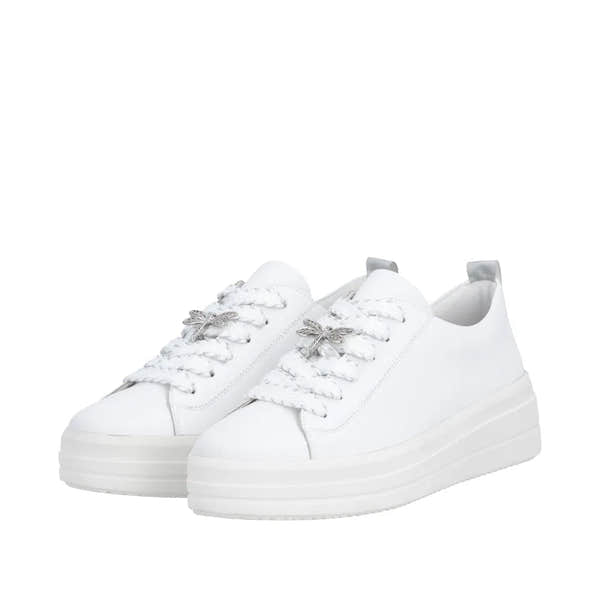 White leather lace-up shoes with chunky soles, silver dragonfly embellishments on laces, and pull tabs at the back.