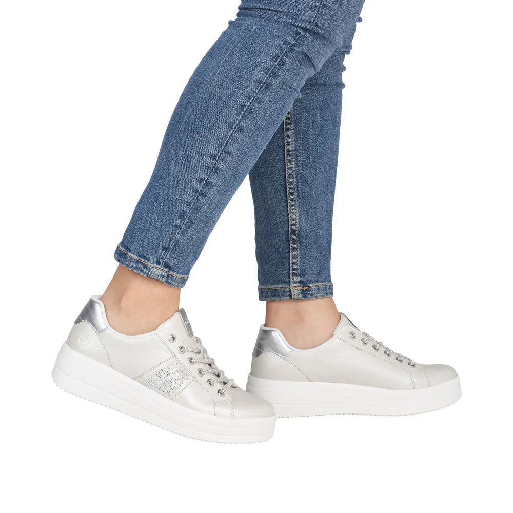 Remonte D1C10-90 vegan off-white/silver elasticated women's sneakers with chunky white soles.