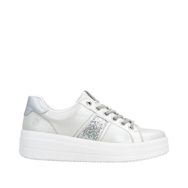 Remonte D1C10-90 ladies off-white and silver vegan sneakers with elasticated laces, glitter side panel, and thick platform sole.