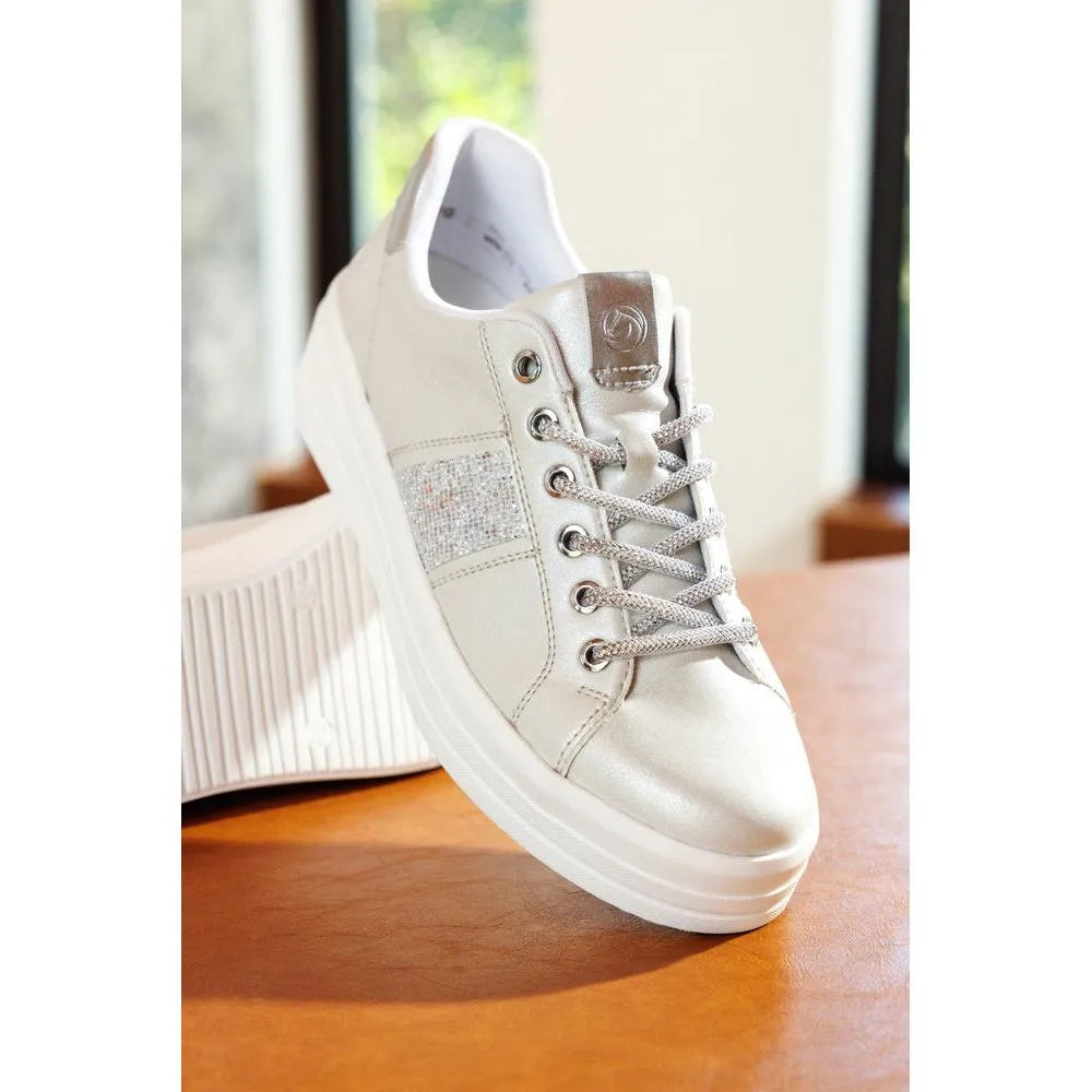 Remonte D1C10-90 women's off-white/silver vegan elasticated sneakers with rhinestone details and chunky sole.