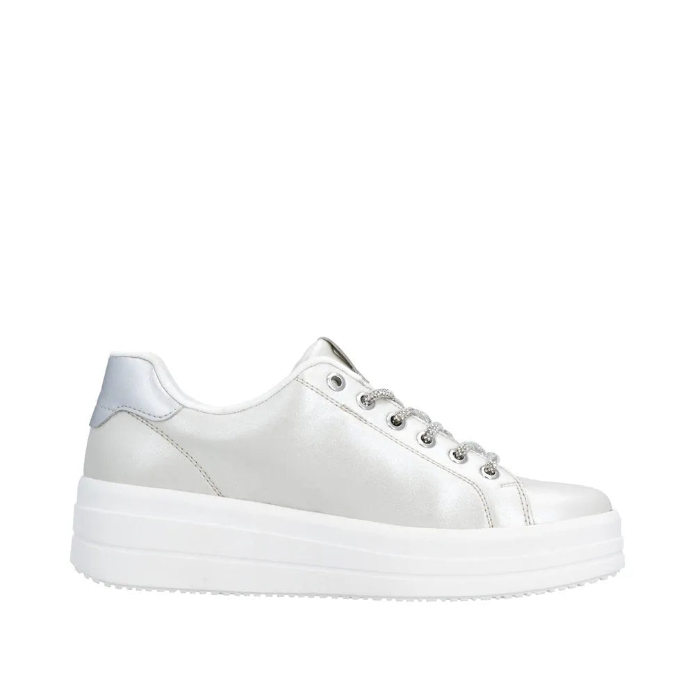 Remonte D1C10-90 off white and silver vegan elasticated women's sneakers with a chunky white sole.