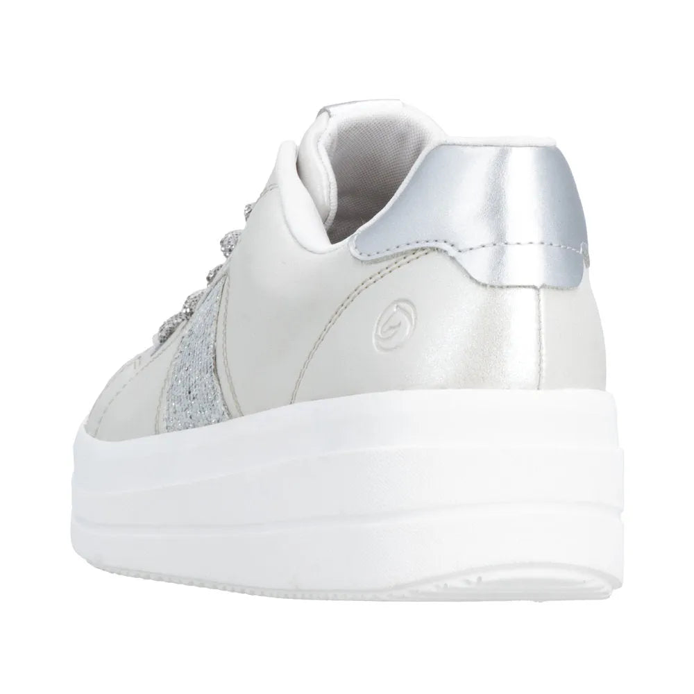 Off-white and silver vegan elasticated women's platform sneaker with glitter accents and a chunky sole.