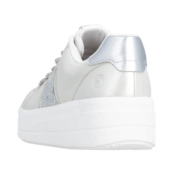 Off-white and silver vegan elasticated women's platform sneaker with glitter accents and a chunky sole.
