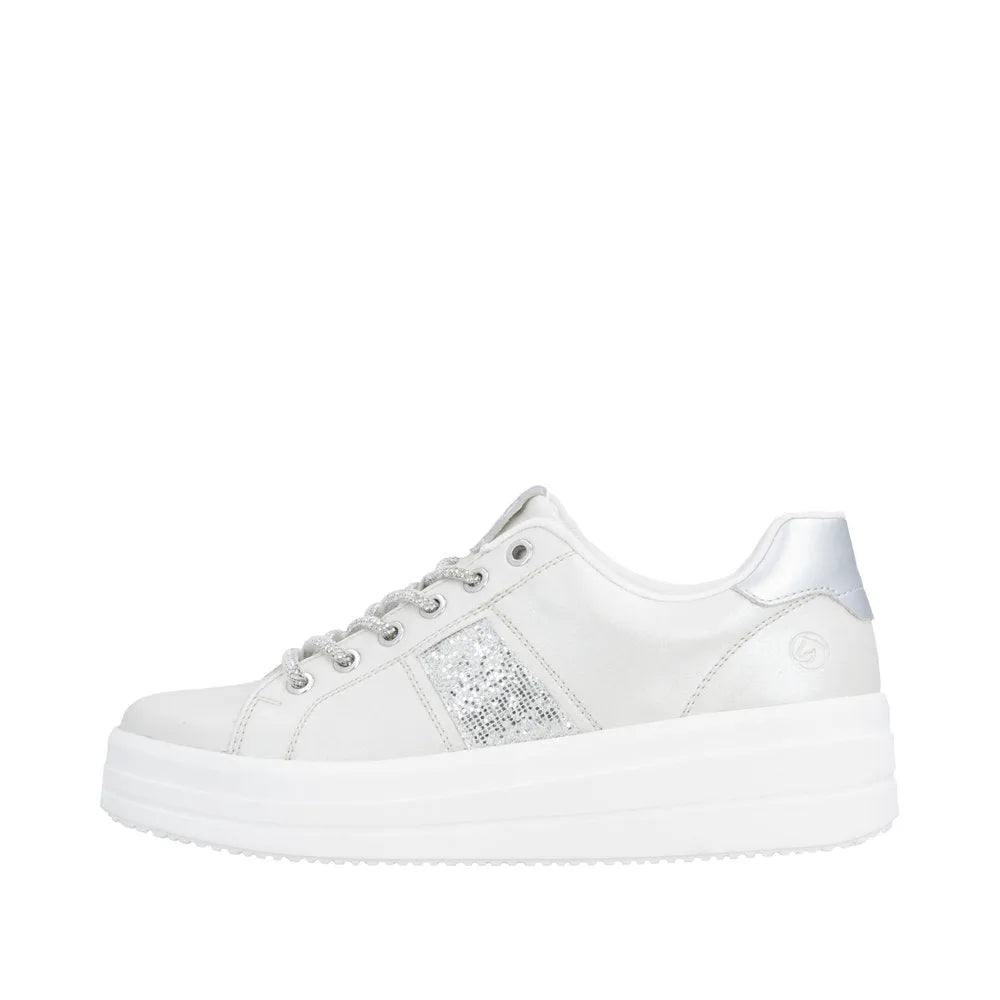 Off-white and silver vegan elasticated ladies' sneakers with a chunky sole and glitter detail on the side.