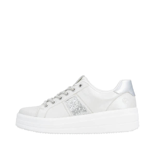 Off-white and silver vegan elasticated ladies' sneakers with a chunky sole and glitter detail on the side.