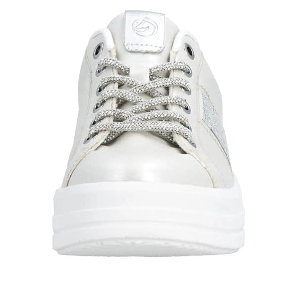 Off-white vegan elasticated ladies' sneakers with silver accents, thick sole, lace-up closure, and silver textured shoelaces.