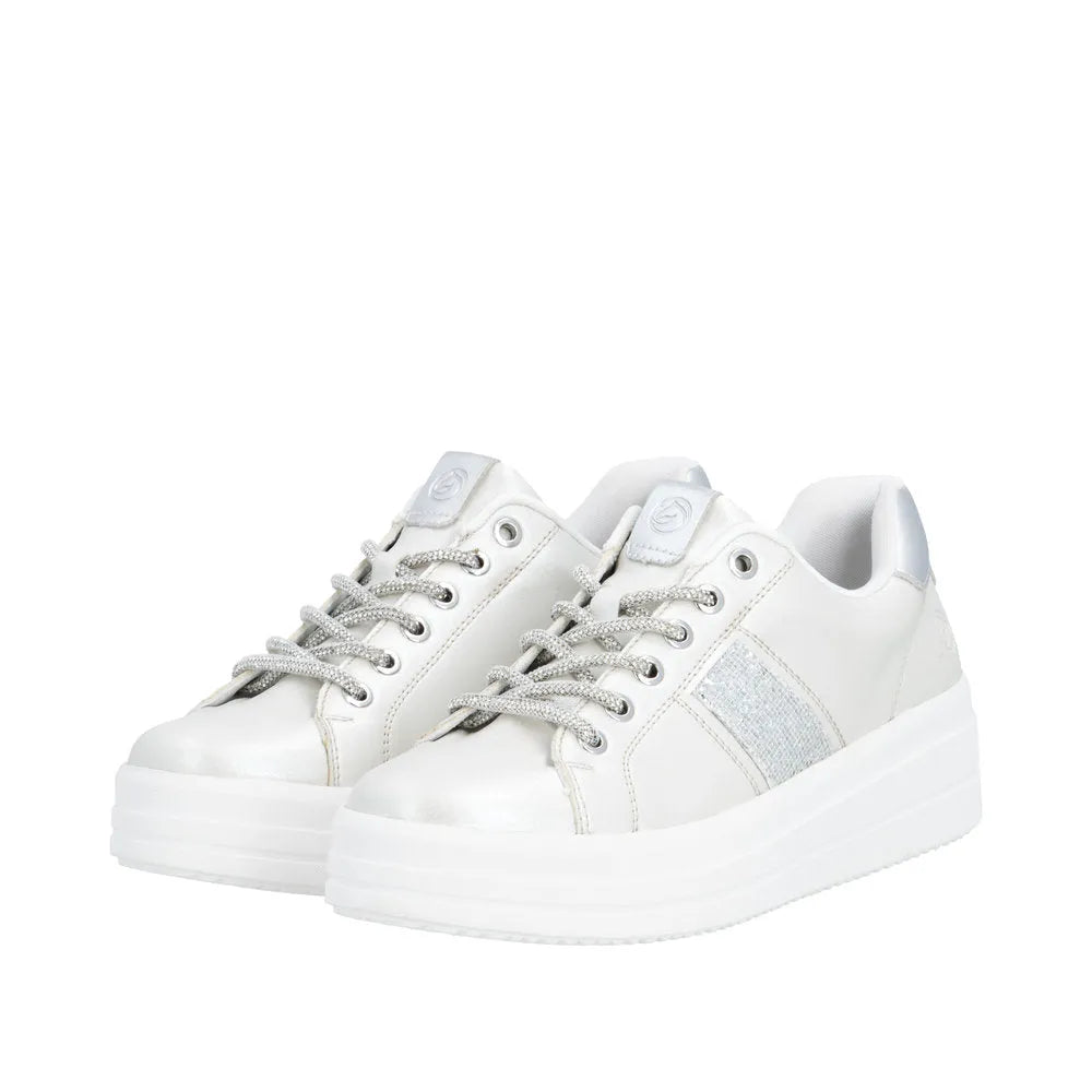 Off-white vegan sneakers with silver accents, elasticated sides, thick sole, and lace-up closure.