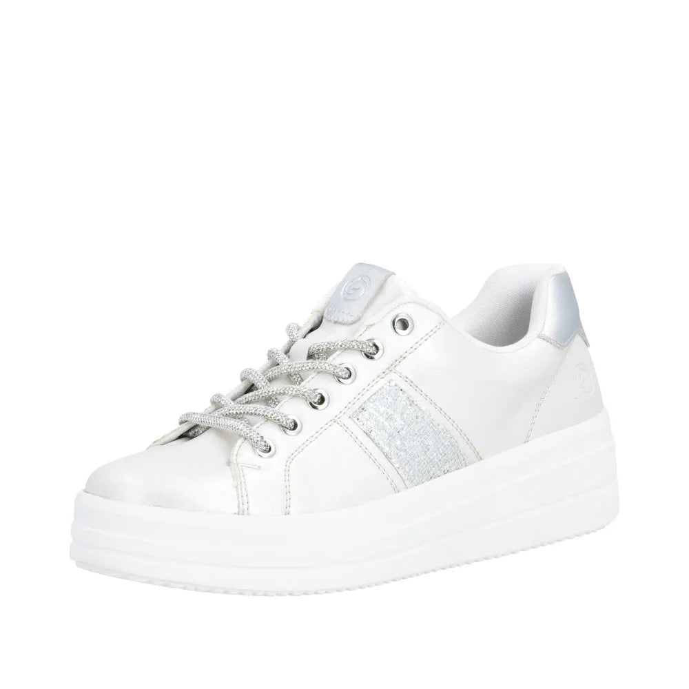 Off-white/silver vegan elasticated sneaker with a chunky platform sole and metallic accents.