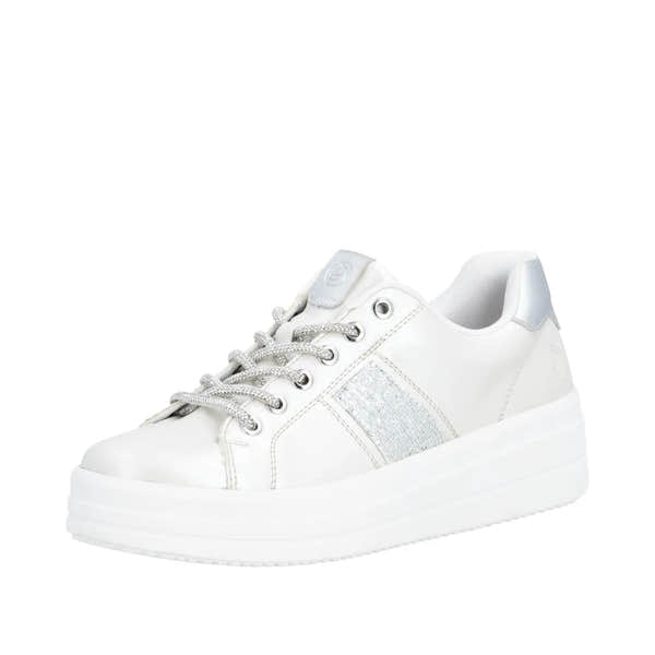 Off-white/silver vegan elasticated sneaker with a chunky platform sole and metallic accents.