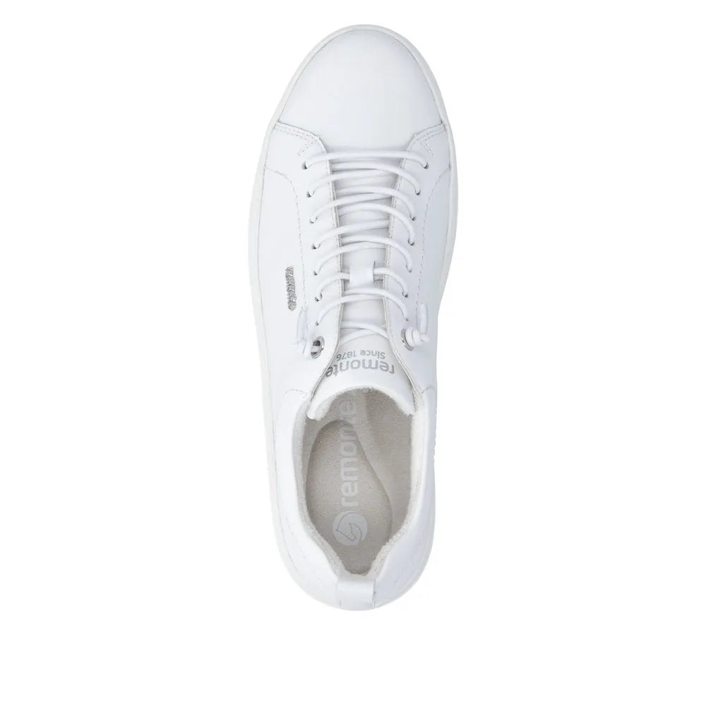White leather lace-up women's shoes with a rounded toe and padded collar, featuring subtle branding and a clean, minimalist style.