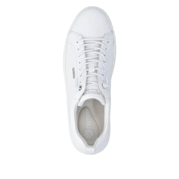 White leather lace-up women's shoes with a rounded toe and padded collar, featuring subtle branding and a clean, minimalist style.