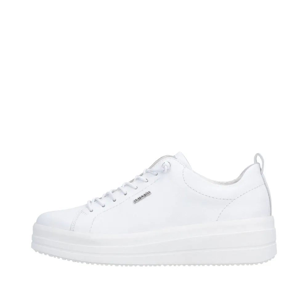 White leather lace-up shoes with a chunky sole and minimal detailing, designed for women.