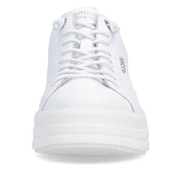 White leather lace-up platform shoes with chunky sole and silver brand detail, stylish and modern for women.