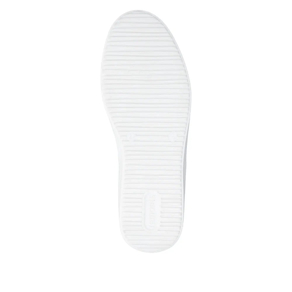 White leather lace-up shoe with textured sole and minimal design, suitable for women.