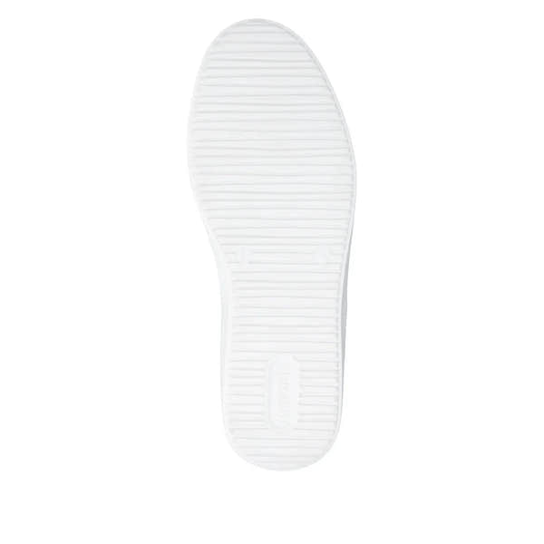 White leather lace-up shoe with textured sole and minimal design, suitable for women.