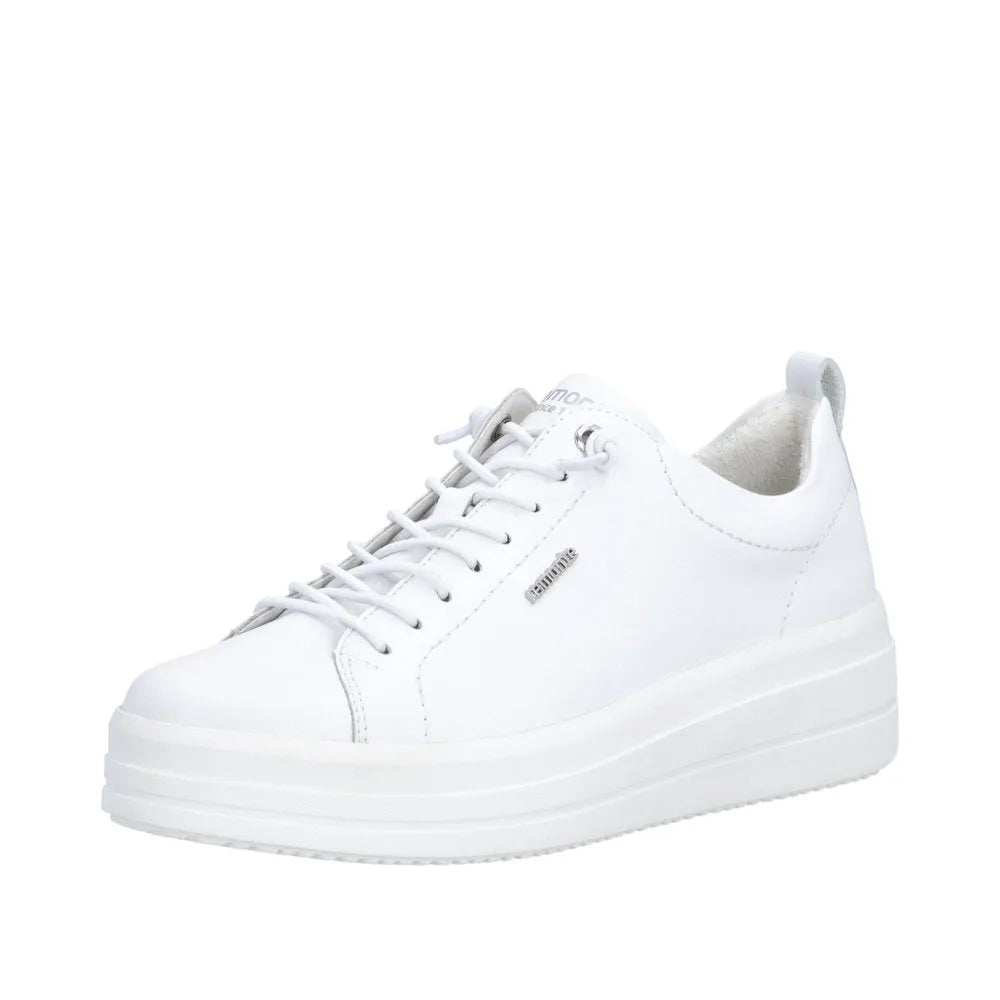 White leather lace-up platform shoe with a thick sole and subtle branding details.