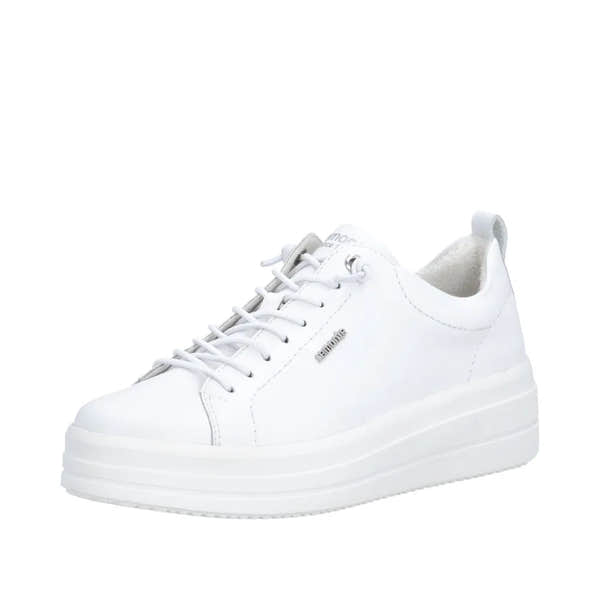 White leather lace-up platform shoe with a thick sole and subtle branding details.