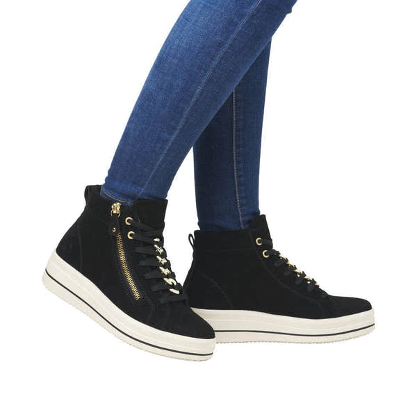 Remonte D1C70-02 Ladies Schwarz Suede Zip & Lace Shoes-elevate your sole