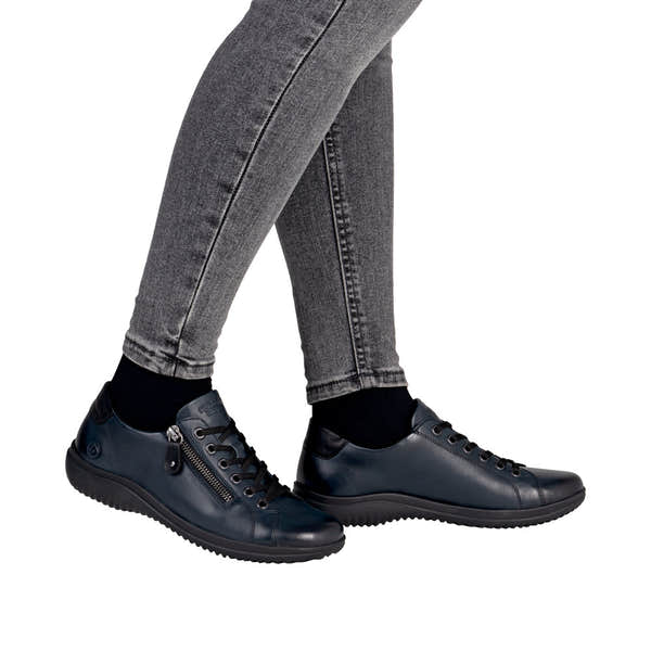 Remonte D1E03-14 women's navy leather water-resistant shoes with zip and lace closure, stylish and comfortable footwear.