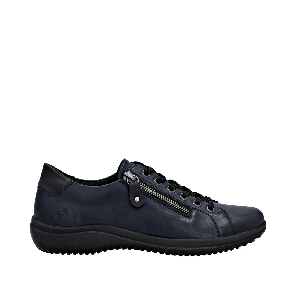 Remonte D1E03-14 women's wide navy leather water-resistant shoes with zip and lace closure.