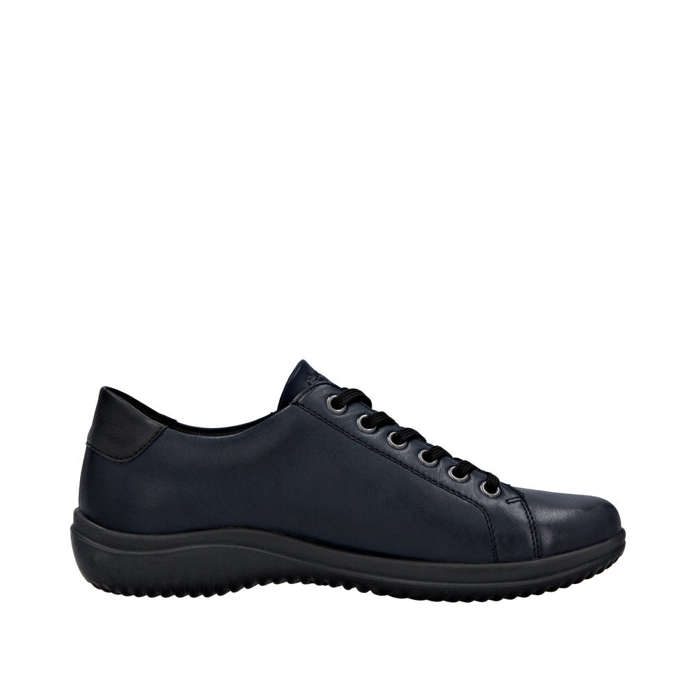 Remonte D1E03-14 women's navy leather water-resistant sneakers with zip and lace closures, cushioned sole, and wide fit.