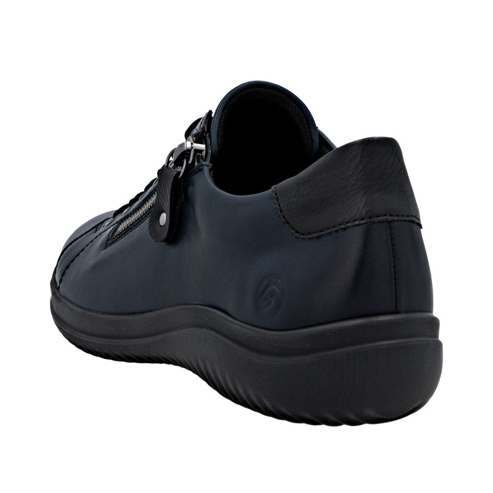 Remonte D1E03-14 women's navy leather water-resistant shoes with zipper and lace, wide fit, cushioned sole, and slip-resistant outsole.