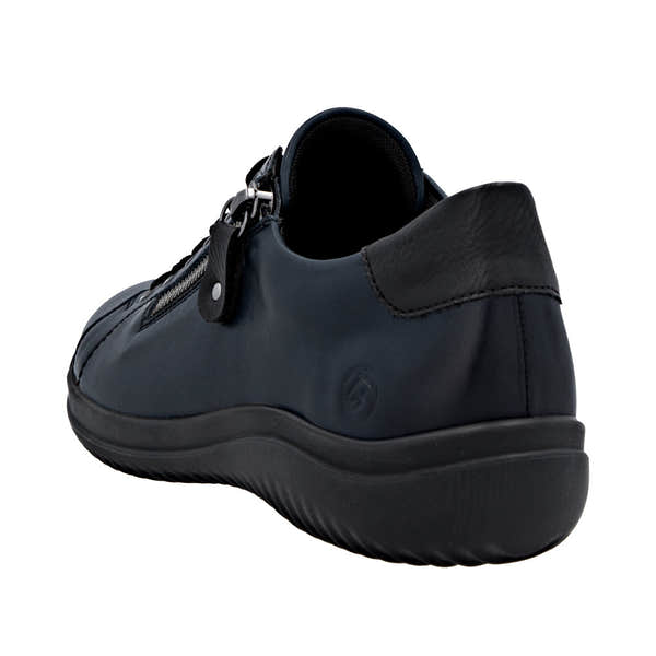 Remonte D1E03-14 women's navy leather water-resistant shoes with zipper and lace, wide fit, cushioned sole, and slip-resistant outsole.