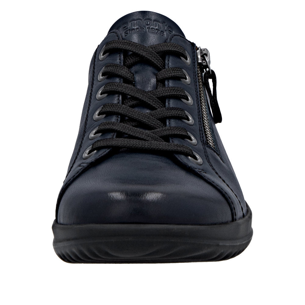 Remonte D1E03-14 women's wide navy leather water-resistant shoes with zip and lace closure, casual sneaker style.