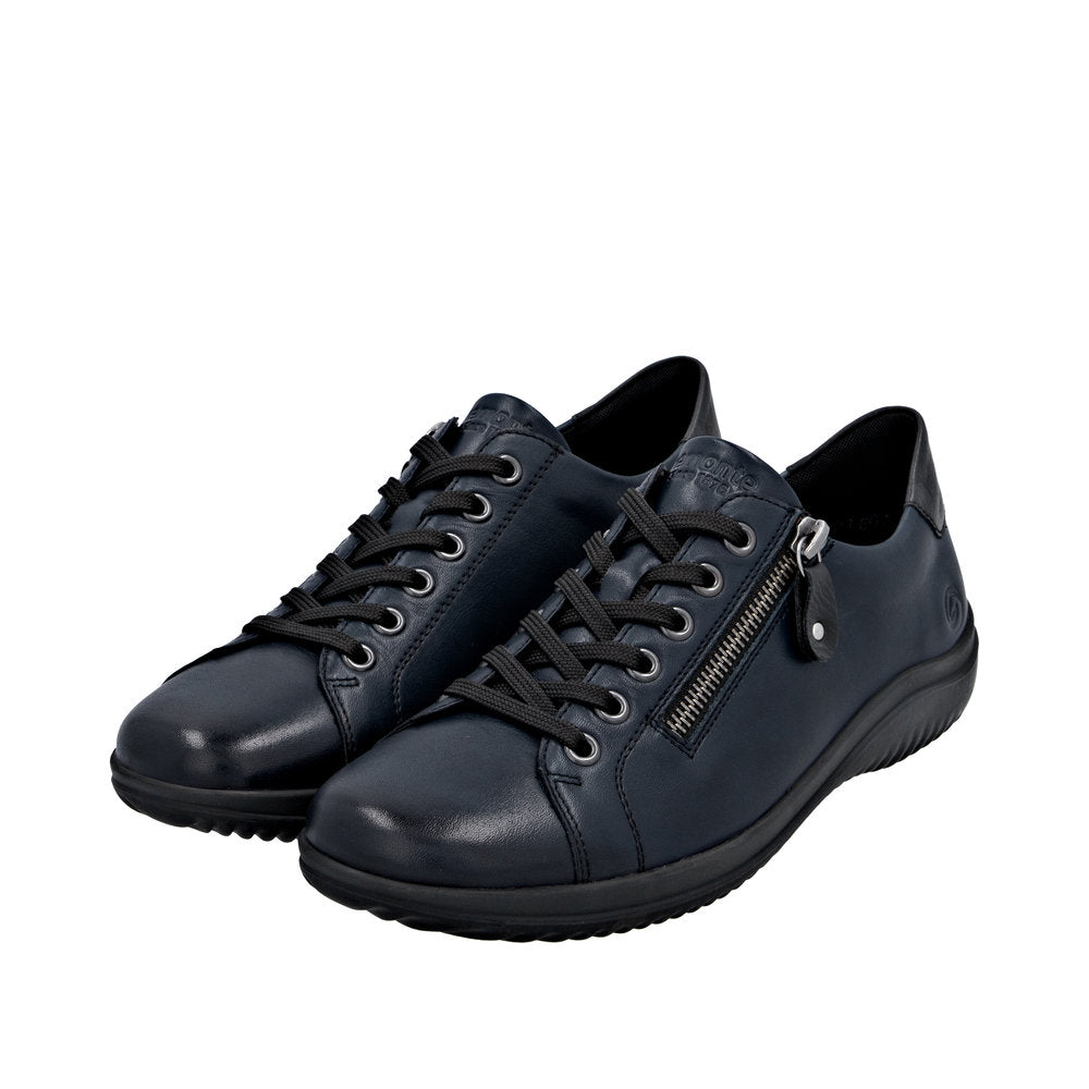 Remonte D1E03-14 women's navy leather water-resistant shoes with zip and lace closure, cushioned sole, and stylish design.