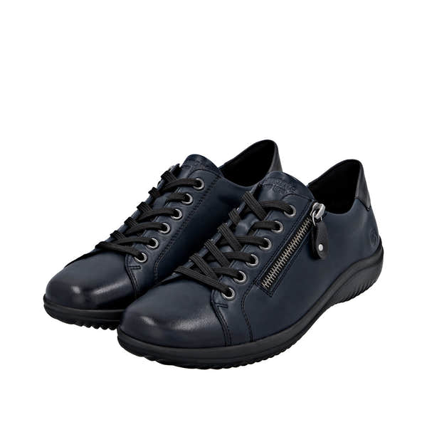 Remonte D1E03-14 women's navy leather water-resistant shoes with zip and lace closure, cushioned sole, and stylish design.