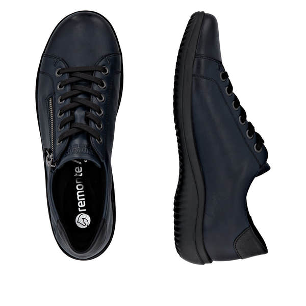 Remonte D1E03-14 women's navy leather water-resistant zip and lace shoes, wide fit, sporty design, with durable sole.