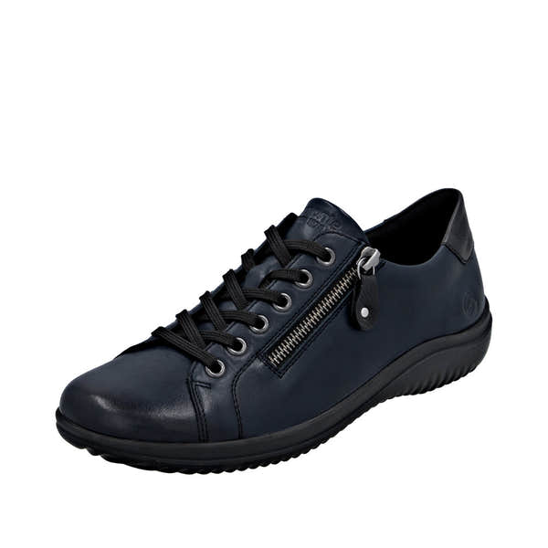 Remonte D1E03-14 women's wide navy leather water-resistant shoes with zip and lace-up closure.