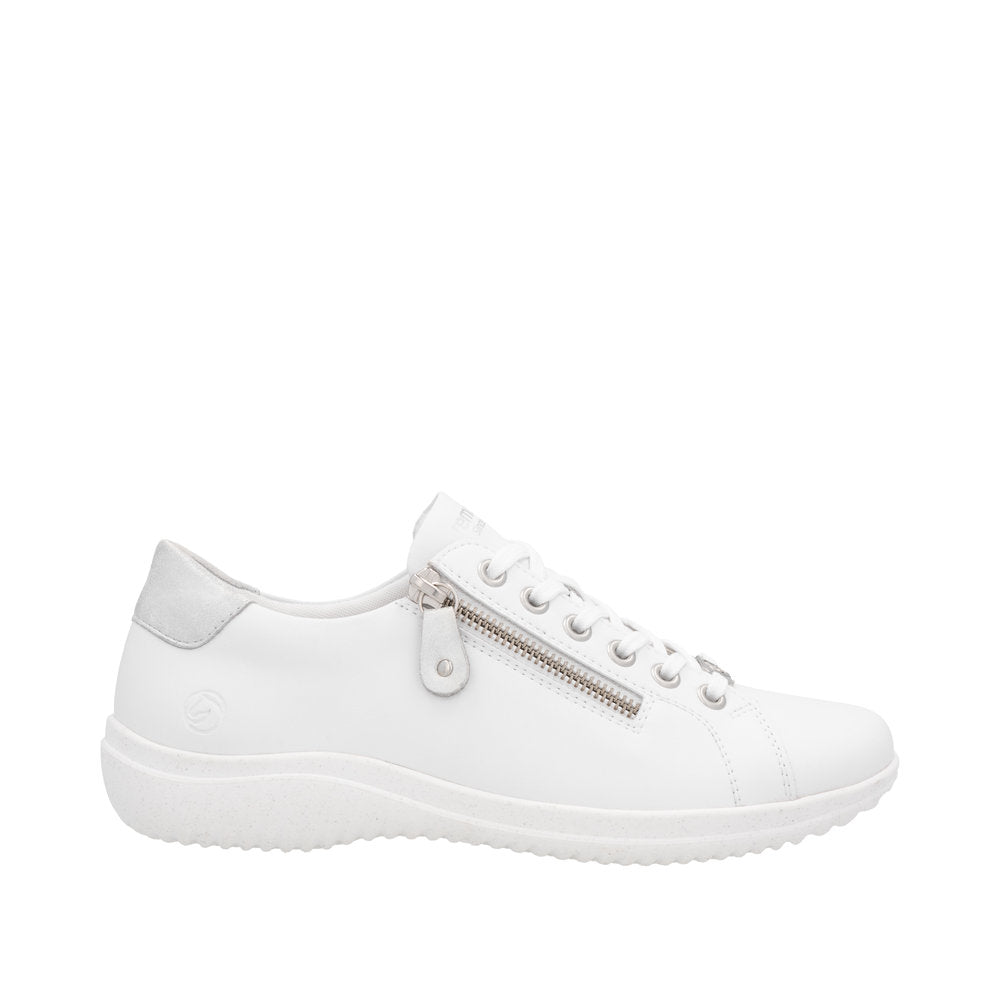 Remonte D1E03-80 women's wide white leather shoes with zipper and lace-up front, cushioned sole, and side zipper detail.