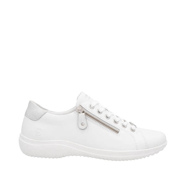 Remonte D1E03-80 women's wide white leather shoes with zipper and lace-up front, cushioned sole, and side zipper detail.