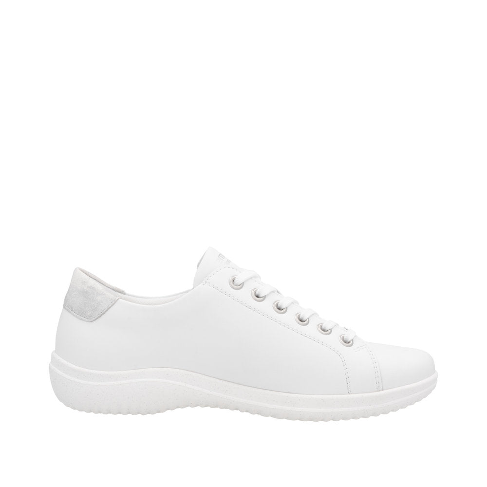 Remonte D1E03-80 women's wide white leather lace-up sneakers with zip, padded collar, and textured rubber sole.