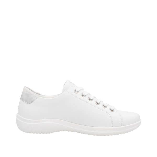 Remonte D1E03-80 women's wide white leather lace-up sneakers with zip, padded collar, and textured rubber sole.