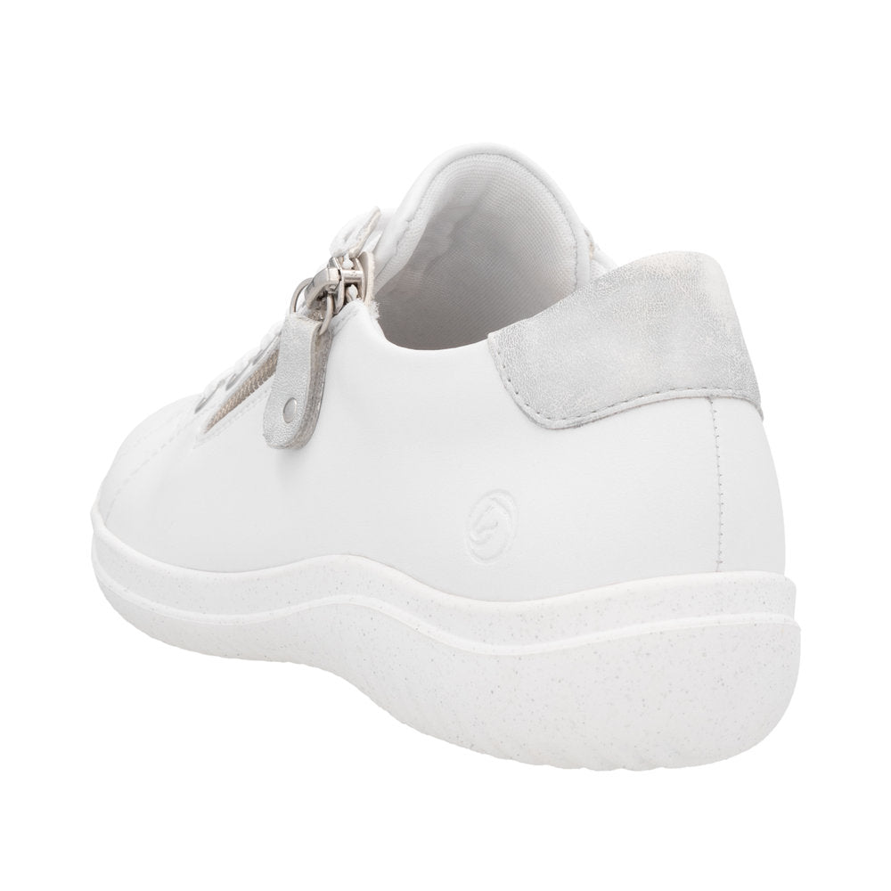 Remonte D1E03-80 women's wide white leather sneakers with zip and lace closure, cushioned sole, and suede heel detail.
