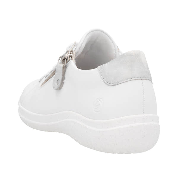 Remonte D1E03-80 women's wide white leather sneakers with zip and lace closure, cushioned sole, and suede heel detail.