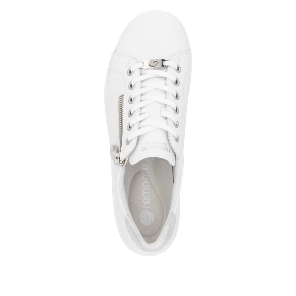 Remonte D1E03-80 women's wide white leather sneakers with zipper and lace-up closure, stylish and comfortable footwear.