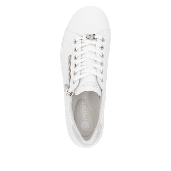 Remonte D1E03-80 women's wide white leather sneakers with zipper and lace-up closure, stylish and comfortable footwear.
