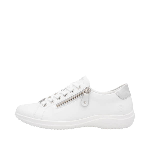Remonte D1E03-80 women's wide white leather sneakers with zipper and lace-up closure, cushioned sole, and casual style.