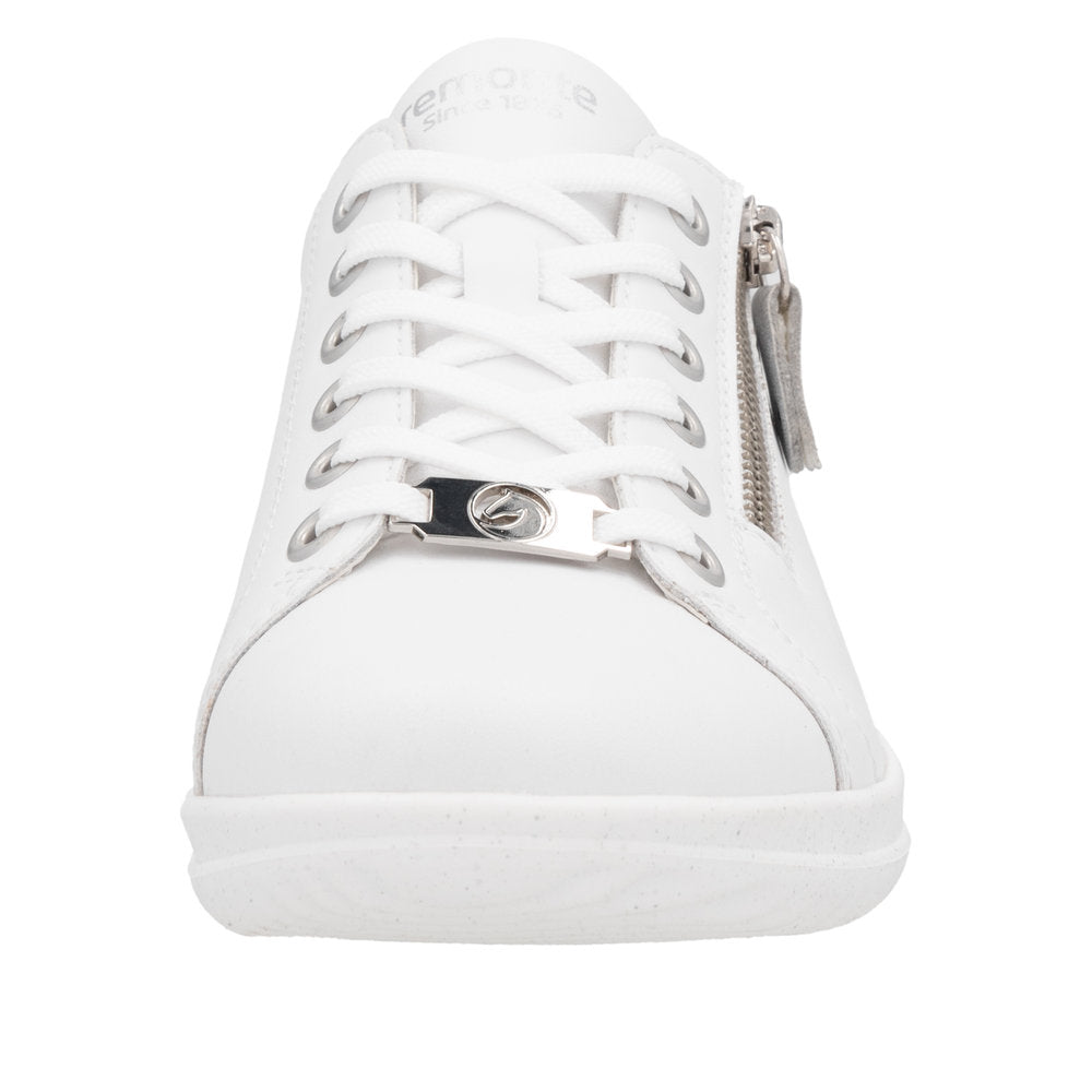 Remonte D1E03-80 women's wide white leather sneakers with lace-up front and side zipper for easy wear.