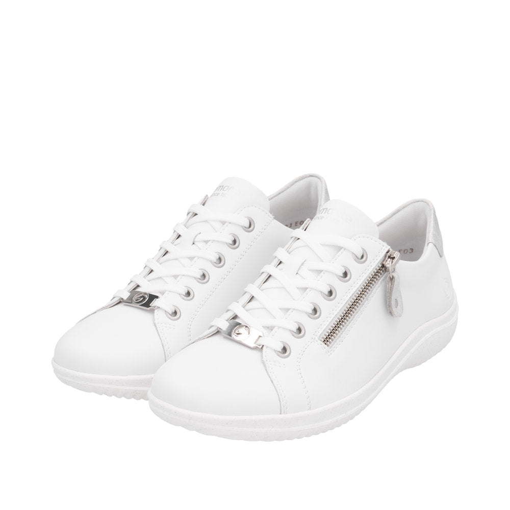 Remonte D1E03-80 women's wide white leather sneakers with lace-up and side zipper for comfortable fit.