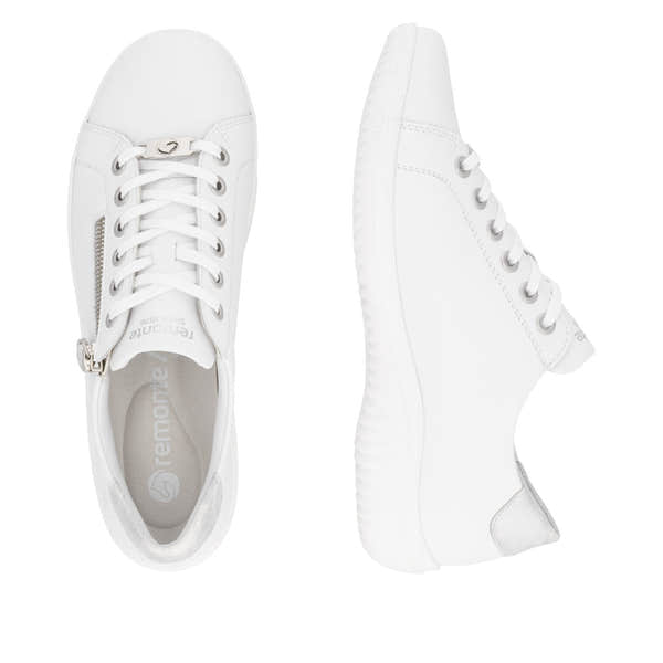 White leather women's sneakers with zipper and lace-up closure, flat platform sole, and wide fit by Remonte D1E03-80.